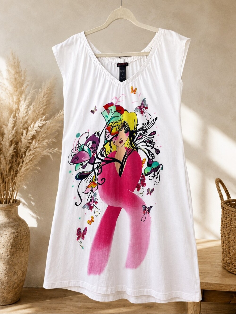 Custo Barcelona Women’s S Graphic Tunic Cotton Dress Y2K Pop Art Butterfly Print